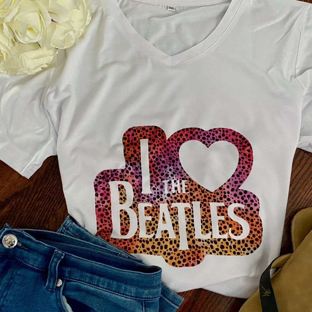 I Love The Beatles Heart Leopard Cheetah Print Handmade Custom Shirt Sublimation